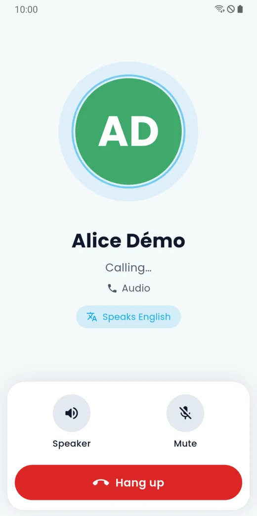 Audio call screen with Speaker, Mute and Hang up buttons