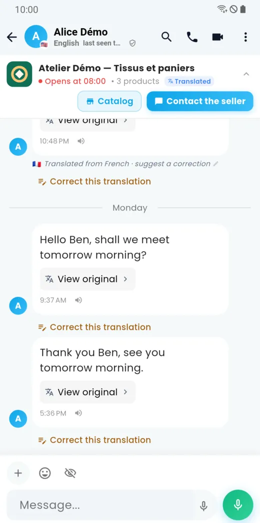 A conversation where messages are shown in the reader’s language
