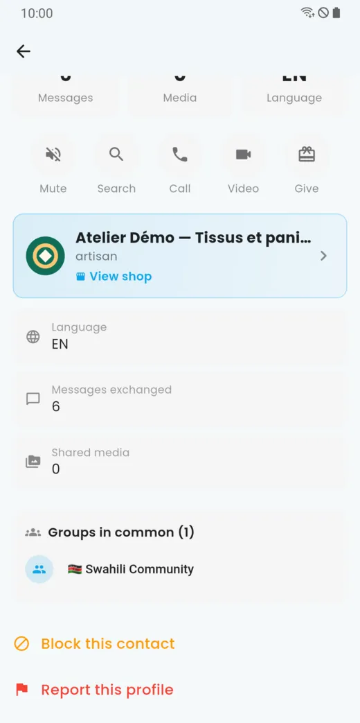 Bottom of a contact’s page with Block this contact and Report this profile