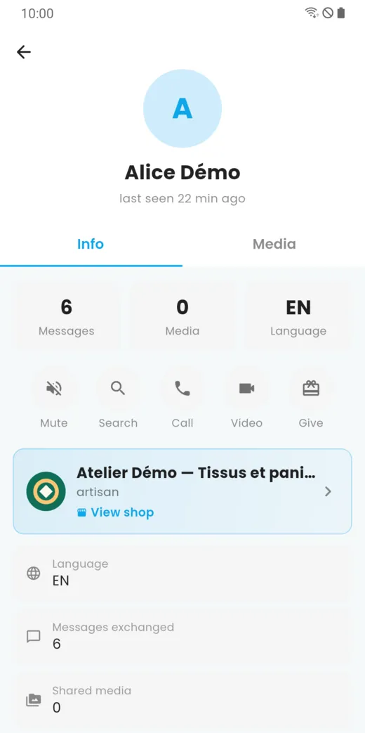 A contact’s page: language, messages exchanged, shared media, shop