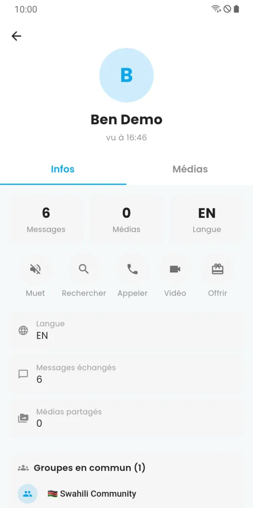 Fiche d’un contact : langue, messages échangés, médias partagés, boutique