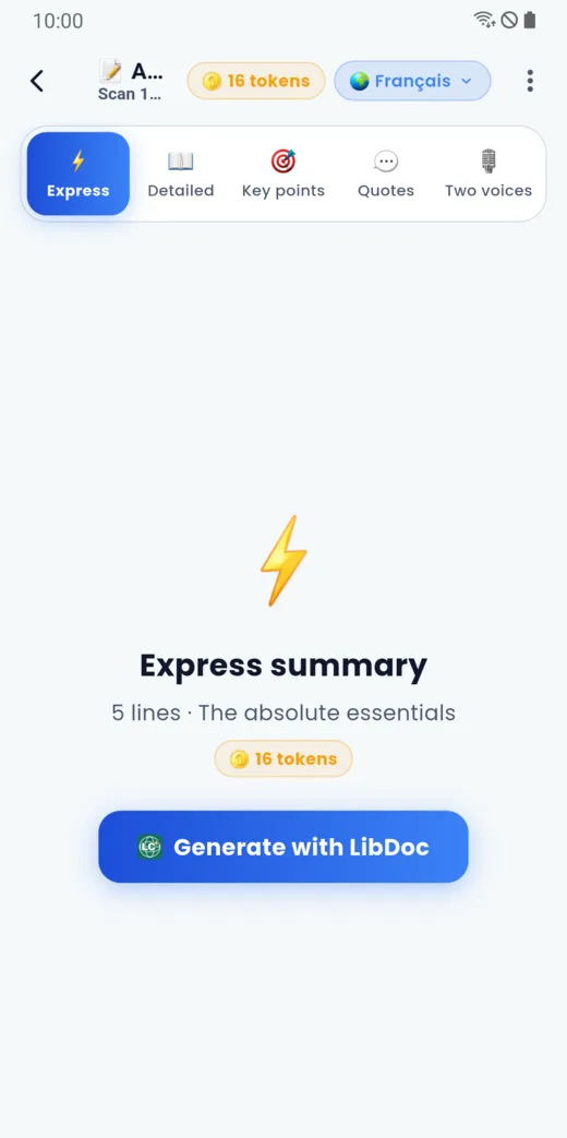 Choosing the type of summary: express, detailed, key points, quotes, two voices