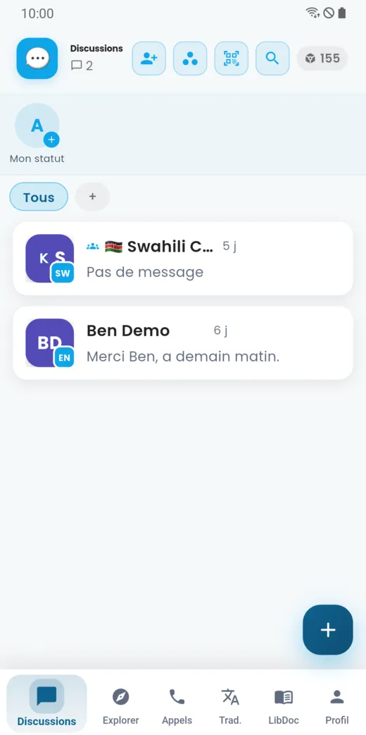 Liste des discussions avec le bouton Nouvelle conversation