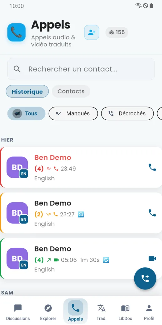 Onglet Appels : historique des appels audio et vidéo traduits