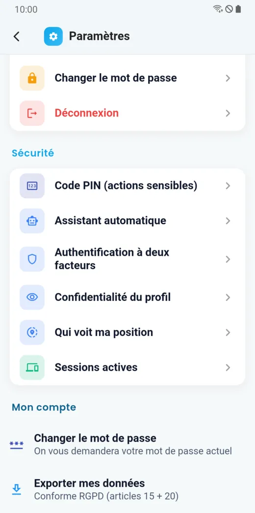 Paramètres : sécurité, exportation des données et suppression du compte