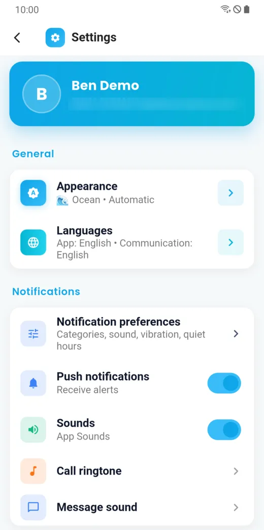 Settings: appearance, languages, notifications, sounds