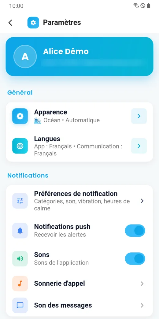 Paramètres : apparence, langues, notifications, sons