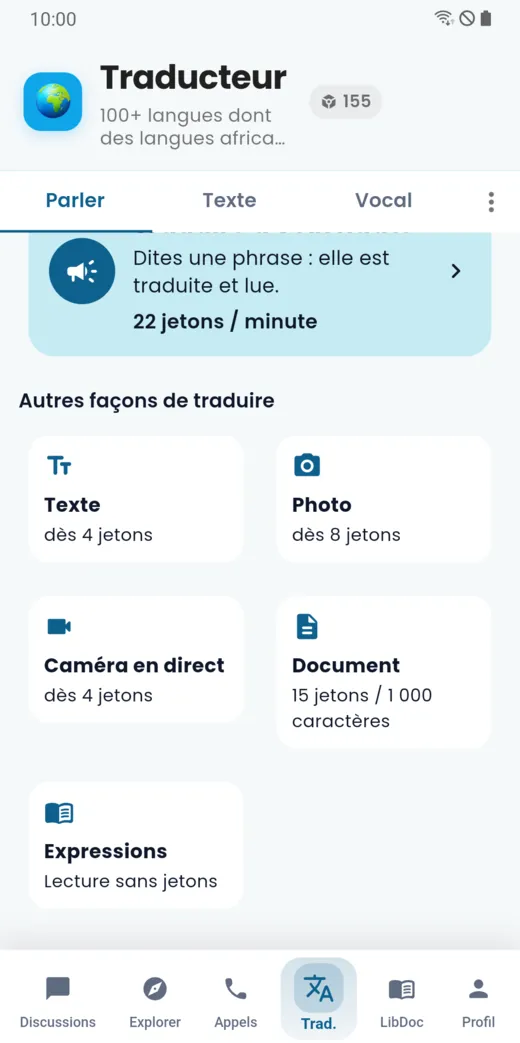 Autres façons de traduire : texte, photo, caméra en direct, document, expressions