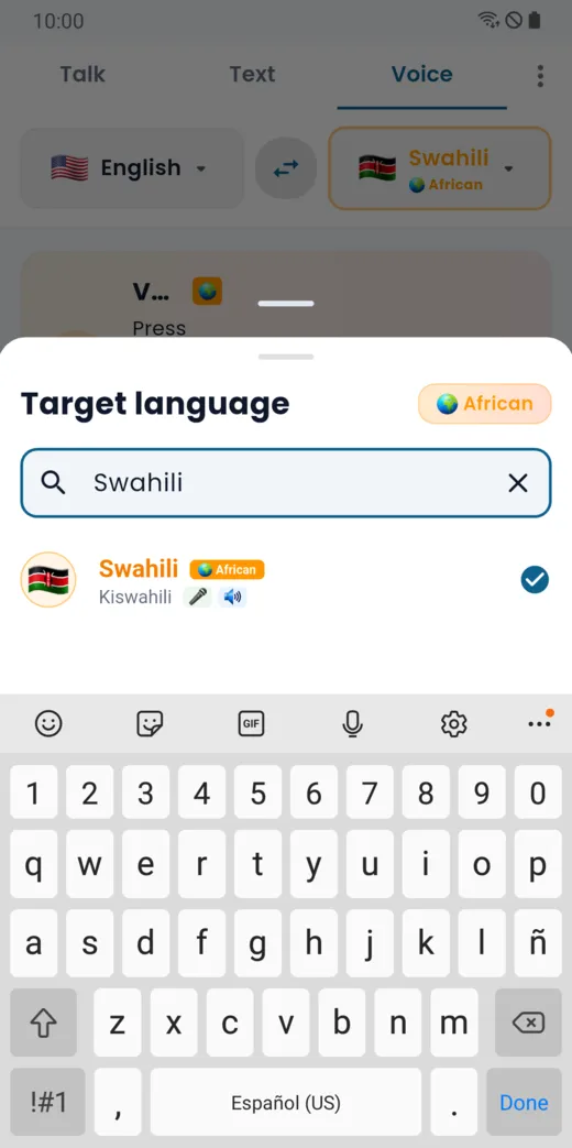 Searching for Swahili in the language list