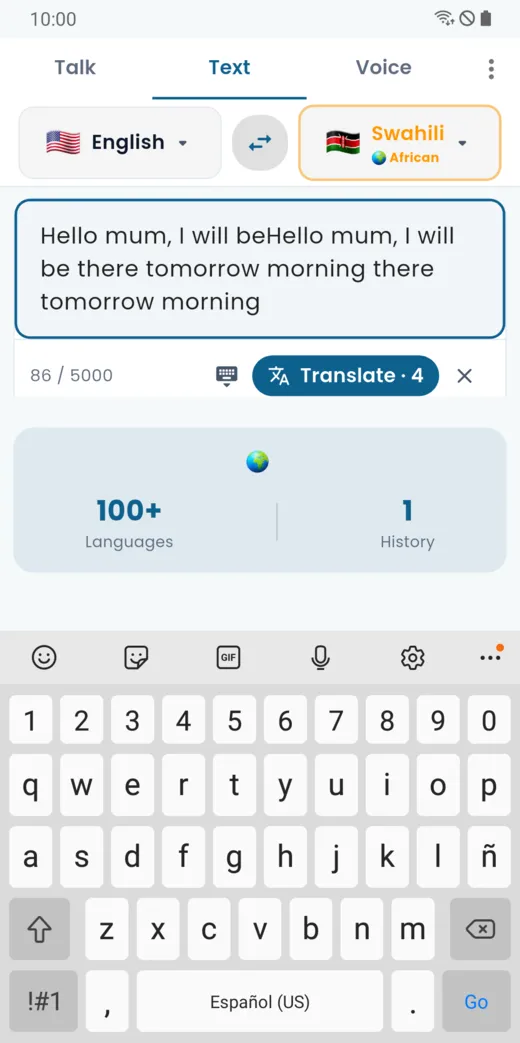 Text typed in the translator with the Translate button and its price