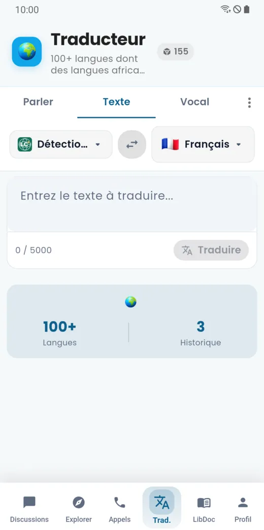 Onglet Texte du traducteur avec le choix des deux langues