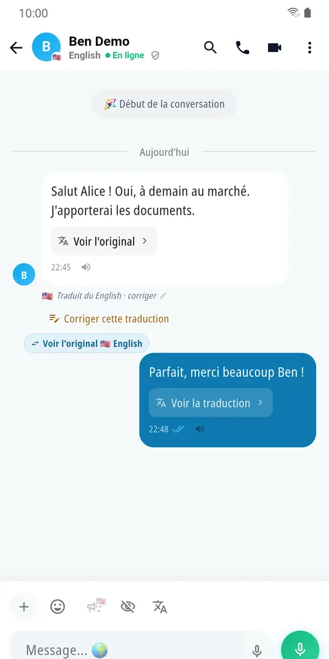 A chat where each message is shown in the reader’s language